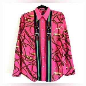 RALPH LAUREN Rare Pink Equestrian Horse Bit Stirrup Beautiful Luxury Blouse